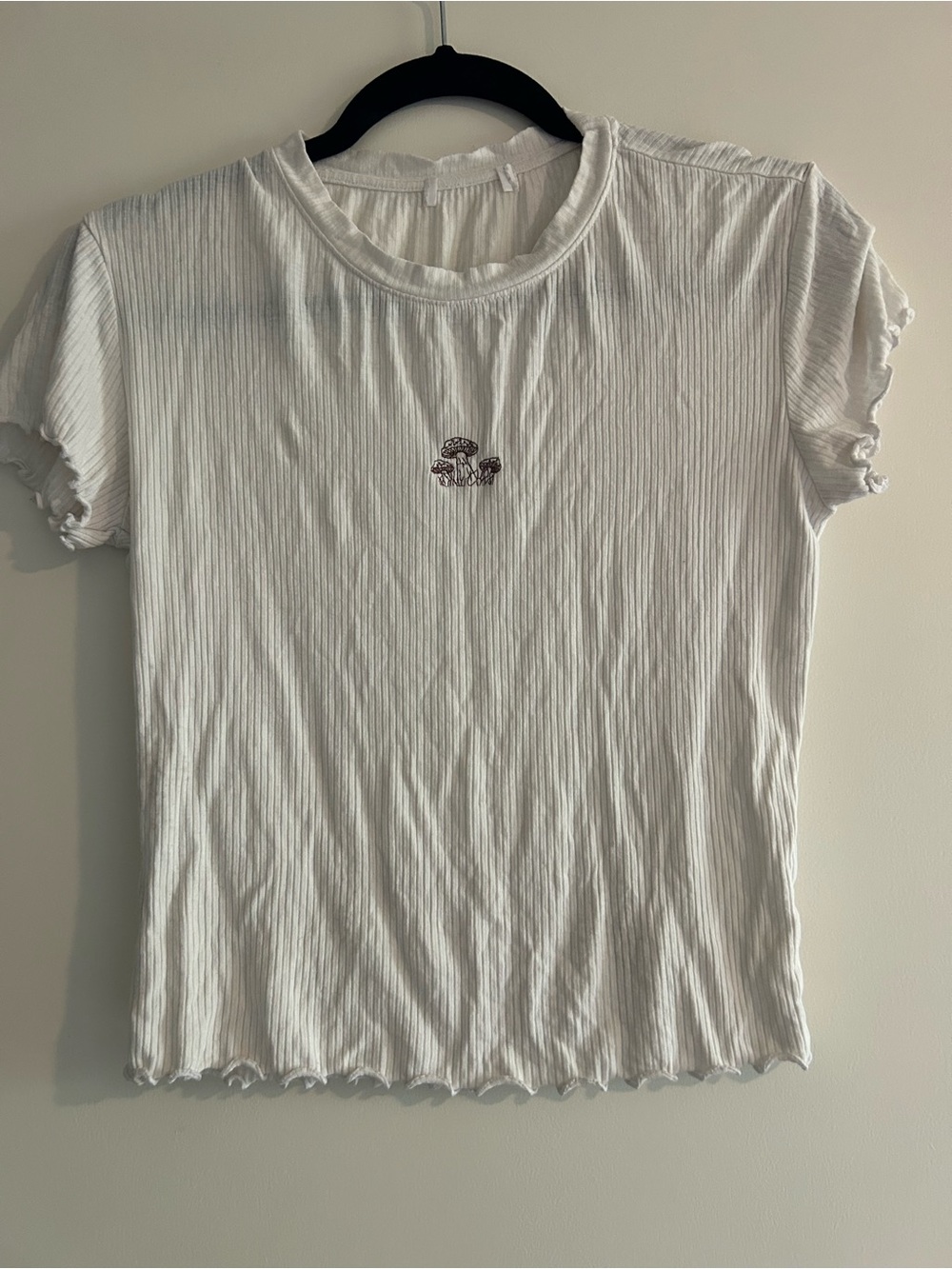 White Ribbed Short-Sleeve Tee with Mushroom Detail